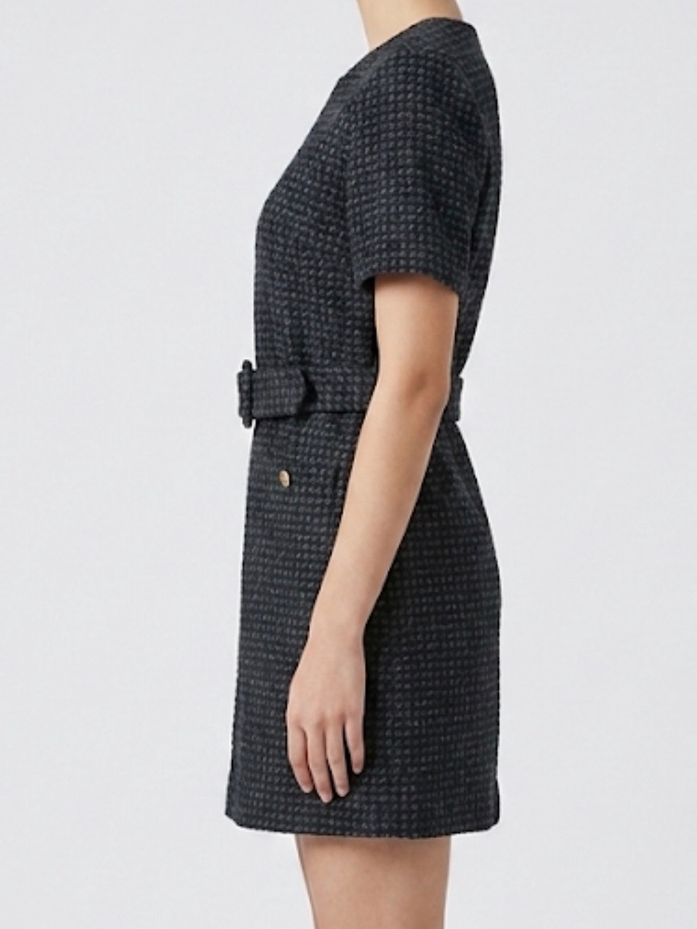 Zara NWT Belted Tweed Mini Dress Large Navy Gray Textured Short Sleeve - Picture 3 of 9